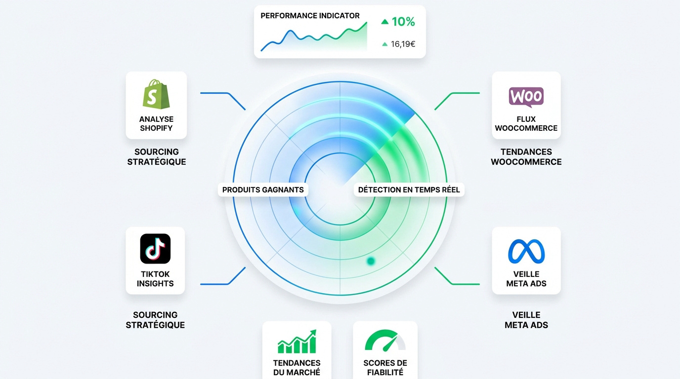 Illustration : détection de produits gagnants à partir des boutiques Shopify et WooCommerce et des publicités Meta et TikTok
