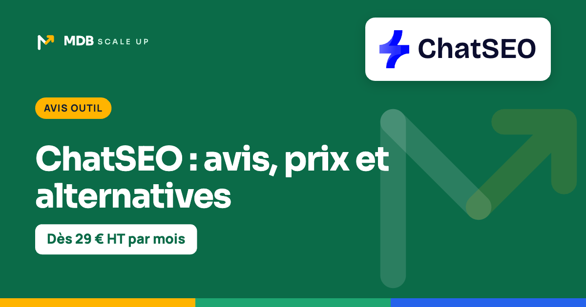 Couverture de l’article « ChatSEO avis : l’assistant IA pour votre référencement », avec le logo officiel de ChatSEO — MDB Scale Up